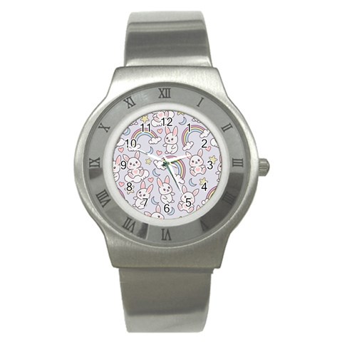 Seamless Pattern With Cute Rabbit Character Stainless Steel Watch from ArtsNow.com Front