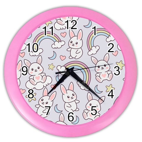 Seamless Pattern With Cute Rabbit Character Color Wall Clock from ArtsNow.com Front