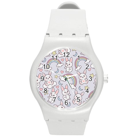 Seamless Pattern With Cute Rabbit Character Round Plastic Sport Watch (M) from ArtsNow.com Front