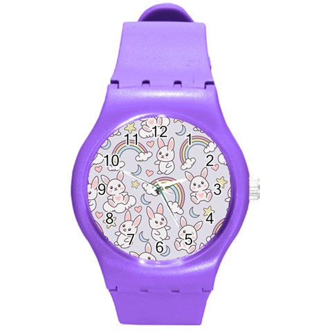 Seamless Pattern With Cute Rabbit Character Round Plastic Sport Watch (M) from ArtsNow.com Front
