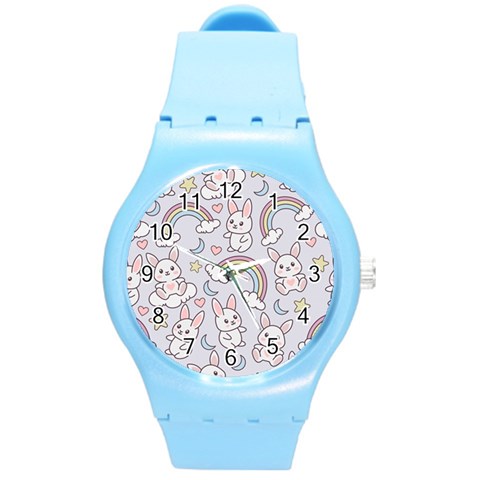 Seamless Pattern With Cute Rabbit Character Round Plastic Sport Watch (M) from ArtsNow.com Front