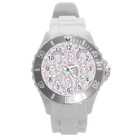 Seamless Pattern With Cute Rabbit Character Round Plastic Sport Watch (L) from ArtsNow.com Front