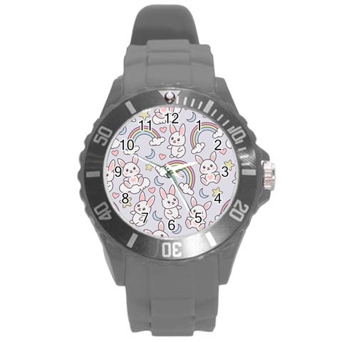 Seamless Pattern With Cute Rabbit Character Round Plastic Sport Watch (L) from ArtsNow.com Front