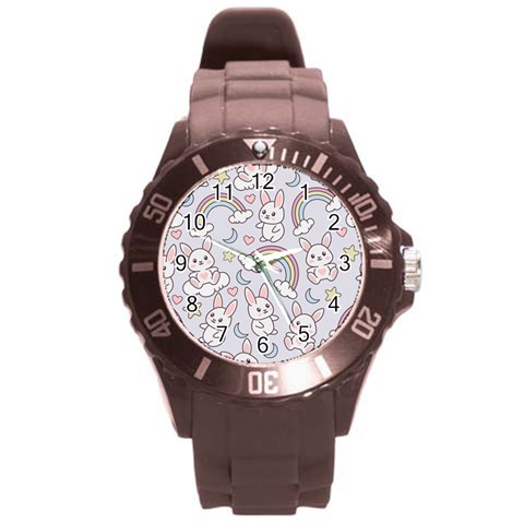 Seamless Pattern With Cute Rabbit Character Round Plastic Sport Watch (L) from ArtsNow.com Front