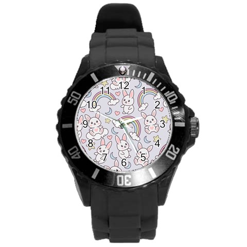 Seamless Pattern With Cute Rabbit Character Round Plastic Sport Watch (L) from ArtsNow.com Front