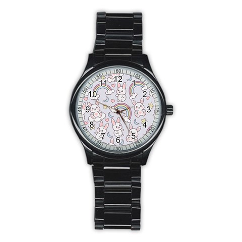 Seamless Pattern With Cute Rabbit Character Stainless Steel Round Watch from ArtsNow.com Front