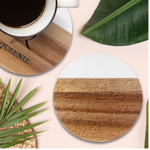 Seamless Pattern With Cute Rabbit Character Marble Wood Coaster (Round) from ArtsNow.com Front