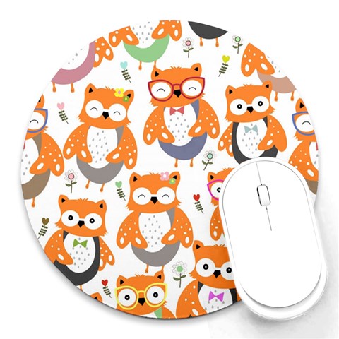 Cute Colorful Owl Cartoon Seamless Pattern Round Mousepad from ArtsNow.com Front