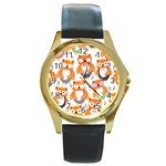 Cute Colorful Owl Cartoon Seamless Pattern Round Gold Metal Watch