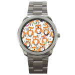 Cute Colorful Owl Cartoon Seamless Pattern Sport Metal Watch