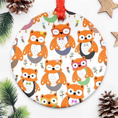 Cute Colorful Owl Cartoon Seamless Pattern Round Ornament (Two Sides) from ArtsNow.com Front