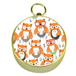 Cute Colorful Owl Cartoon Seamless Pattern Gold Compasses