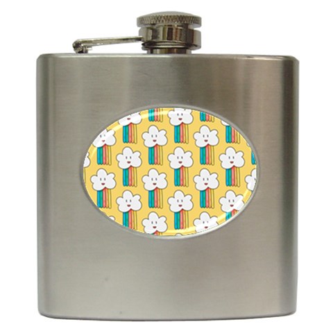 Smile Cloud Rainbow Pattern Yellow Hip Flask (6 oz) from ArtsNow.com Front
