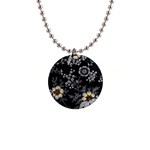 Black Background With Gray Flowers, Floral Black Texture 1  Button Necklace