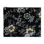 Black Background With Gray Flowers, Floral Black Texture Cosmetic Bag (XL)