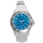 Blue Floral Pattern Texture, Floral Ornaments Texture Round Plastic Sport Watch (L)