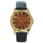 Brown Wooden Texture Round Gold Metal Watch