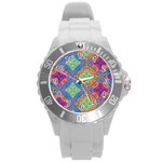 Colorful Floral Ornament, Floral Patterns Round Plastic Sport Watch (L)