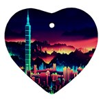 Cityscape Building Painting 3d City Illustration Heart Ornament (Two Sides)