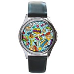 Comic Elements Colorful Seamless Pattern Round Metal Watch