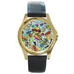 Comic Elements Colorful Seamless Pattern Round Gold Metal Watch