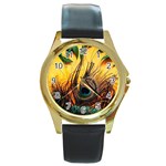 Oceans Stunning Painting Sunset Scenery Wave Paradise Beache Mountains Round Gold Metal Watch