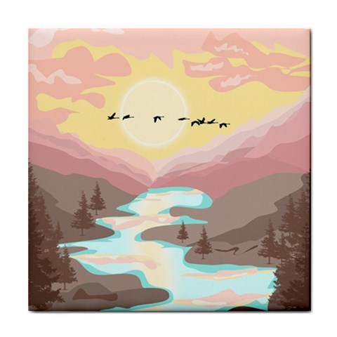 Mountain Birds River Sunset Nature Tile Coaster from ArtsNow.com Front