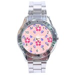 Flower Heart Print Pattern Pink Stainless Steel Analogue Watch