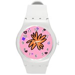Doodle Flower Sparkles Orange Pink Round Plastic Sport Watch (M)