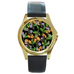 Flowers Pattern Art Floral Texture Round Gold Metal Watch