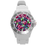 Flowers Pattern Art Texture Floral Round Plastic Sport Watch (L)