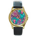 Floral Pattern Abstract Colorful Flow Oriental Spring Summer Round Gold Metal Watch