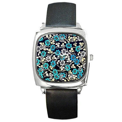 Blue Flower Floral Flora Naure Pattern Square Metal Watch from ArtsNow.com Front