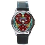 Colorful Owl Art Red Owl Round Metal Watch