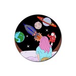 Girl Bed Space Planets Spaceship Rocket Astronaut Galaxy Universe Cosmos Woman Dream Imagination Bed Rubber Round Coaster (4 pack)