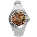 Room Interior Library Books Bookshelves Reading Literature Study Fiction Old Manor Book Nook Reading Round Plastic Sport Watch (L)