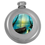 Swamp Bayou Rowboat Sunset Landscape Lake Water Moss Trees Logs Nature Scene Boat Twilight Quiet Round Hip Flask (5 oz)