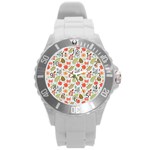 Background Pattern Flowers Design Leaves Autumn Daisy Fall Round Plastic Sport Watch (L)
