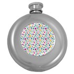 Background Pattern Leaves Pink Flowers Spring Yellow Leaves Round Hip Flask (5 oz)
