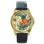 Flowers Pattern Texture Art Colorful Nature Painting Surface Vintage Round Gold Metal Watch
