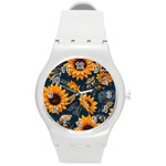 Flowers Pattern Spring Bloom Blossom Rose Nature Flora Floral Plant Round Plastic Sport Watch (M)