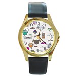 Cat Dog Pet Doodle Cartoon Sketch Cute Kitten Kitty Animal Drawing Pattern Round Gold Metal Watch