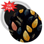 Gold Yellow Leaves Fauna Dark Background Dark Black Background Black Nature Forest Texture Wall Wall 3  Magnets (100 pack)