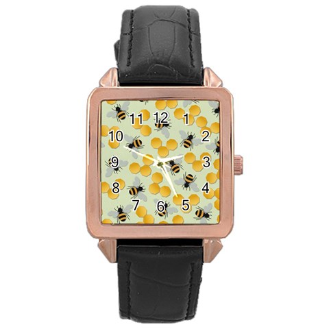 Bees Pattern Honey Bee Bug Honeycomb Honey Beehive Rose Gold Leather Watch  from ArtsNow.com Front