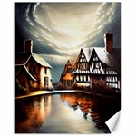 Village Reflections Snow Sky Dramatic Town House Cottages Pond Lake City Canvas 16  x 20 
