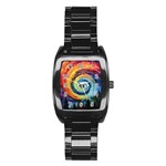 Cosmic Rainbow Quilt Artistic Swirl Spiral Forest Silhouette Fantasy Stainless Steel Barrel Watch