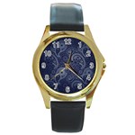Blue Paisley Texture, Blue Paisley Ornament Round Gold Metal Watch