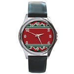 Christmas Pattern, Fabric Texture, Knitted Red Background Round Metal Watch