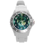 Trees Forest Mystical Forest Background Landscape Nature Round Plastic Sport Watch (L)