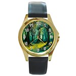 Trees Forest Mystical Forest Nature Junk Journal Landscape Nature Round Gold Metal Watch